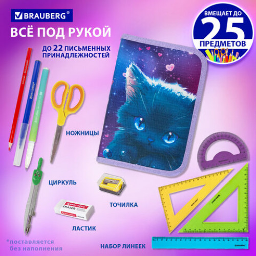 Пенал BRAUBERG, 1 отделение, 1 откидная планка, полиэстер, 21х14 см, Anime cat, 272322