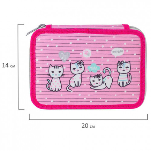 Пенал BRAUBERG, 2 отделения, ткань, 20х14 см, Meow, 229289