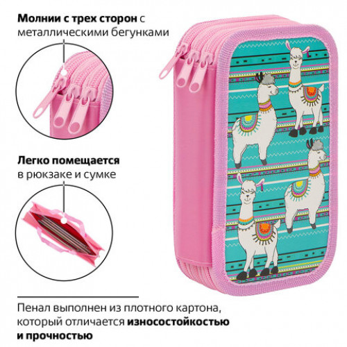 Пенал без наполнения ЮНЛАНДИЯ, 3 отделения, ламинированный картон, тканевый торец, 20х11см, Ламы, 228111