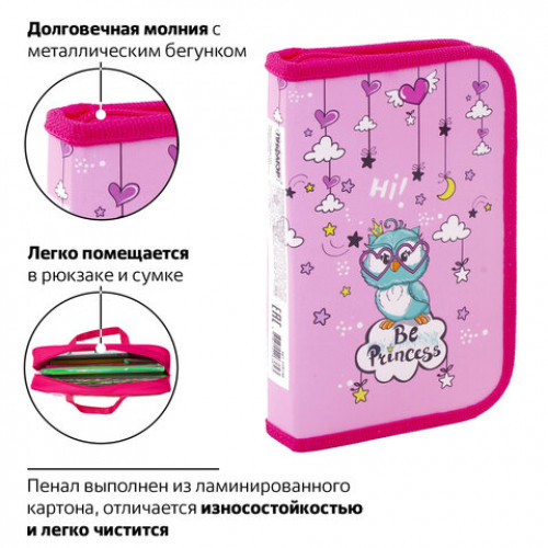 Пенал ПИФАГОР, 1 отделение, ламинированный картон, 19х11 см, OWL PRINCESS, 229150