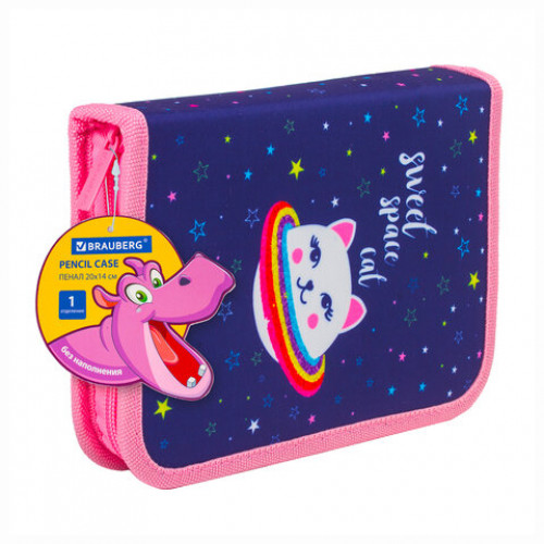 Пенал BRAUBERG, 1 отделение, ткань, 20х14 см, Space Cat, 229278