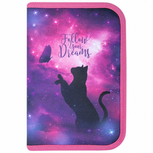 Пенал BRAUBERG, 1 отделение, 1 откидная планка, полиэстер, 21х14 см, Space cat, 270712
