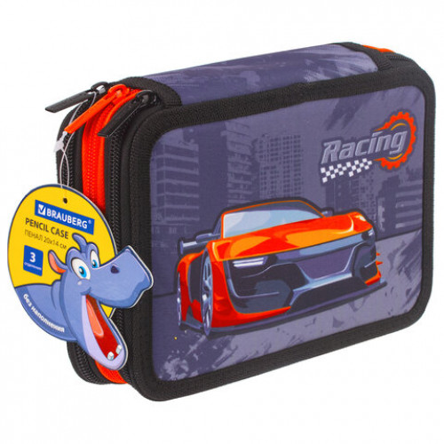 Пенал BRAUBERG, 3 отделения, ткань, 20,5х14 см, Racing, 229290