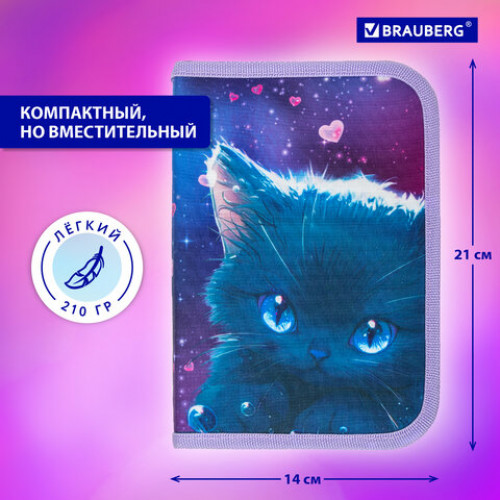 Пенал BRAUBERG, 1 отделение, 1 откидная планка, полиэстер, 21х14 см, Anime cat, 272322