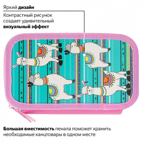 Пенал без наполнения ЮНЛАНДИЯ, 3 отделения, ламинированный картон, тканевый торец, 20х11см, Ламы, 228111
