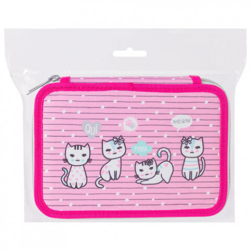 Пенал BRAUBERG, 2 отделения, ткань, 20х14 см, Meow, 229289