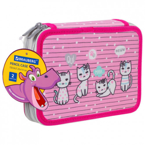 Пенал BRAUBERG, 2 отделения, ткань, 20х14 см, Meow, 229289