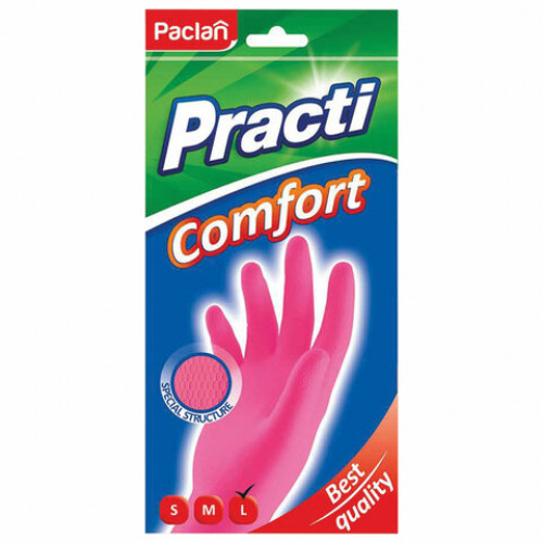 Перчатки хозяйственные латексные, хлопчатобумажное напыление, разм L (средний), розовые, PACLAN Practi Comfort, 407272