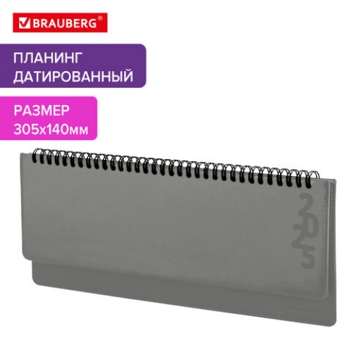 Планинг датированный 2025 305х140 мм BRAUBERG Up, под кожу, серый, 115705