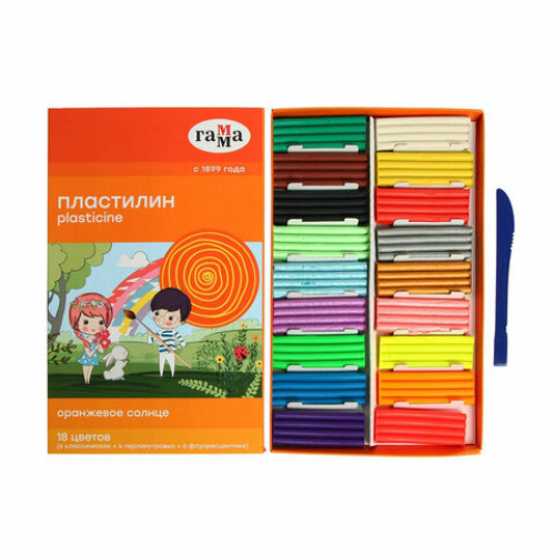 Пластилин классический ГАММА Оранжевое солнце, 18 цветов, 6 классических + 6 флуоресцентных + 6 перламутровых, 234 г, стек, 111120201