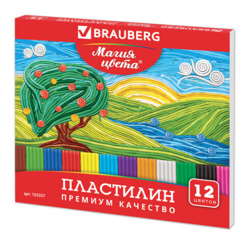 Пластилин классический BRAUBERG МАГИЯ ЦВЕТА, 12 цветов, 240 г, со стеком, высшее качество, картонная упаковка, 103357