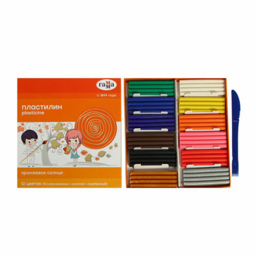 Пластилин классический ГАММА Оранжевое солнце, 12 цветов, 10 классических + 1 золотой + 1 серебряный, 172 г, стек, 130520206