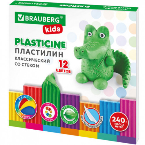 Пластилин классический BRAUBERG KIDS, 12 цветов, 240 г, стек, ВЫСШЕЕ КАЧЕСТВО,106436