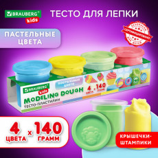 Пластилин-тесто для лепки BRAUBERG KIDS, 4 цвета, 560 г, пастельные цвета, крышки-штампики, 106717 Пластилин-тесто для лепки BRAUBERG KIDS, 4 цвета, 560 г, пастельные цвета, крышки-штампики, 106717