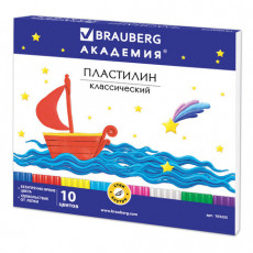 Пластилин классический BRAUBERG АКАДЕМИЯ, 10 цветов, 200 г, со стеком, картонная упаковка, 103255