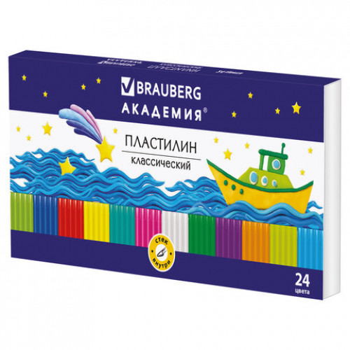 Пластилин классический BRAUBERG АКАДЕМИЯ, 24 цвета, 480 г, со стеком, ВЫСШЕЕ КАЧЕСТВО, 105899