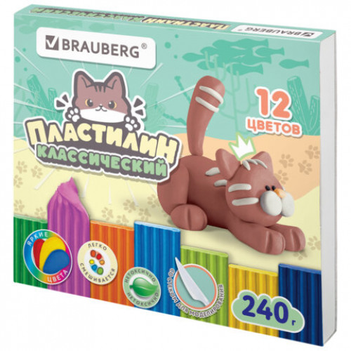 Пластилин классический МИЛЫЕ КОТЫ, 12 цветов, 240 г, СТЕК, ВЫСШЕЕ КАЧЕСТВО, BRAUBERG, 107353