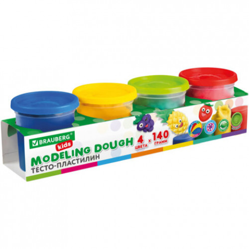 Пластилин-тесто для лепки BRAUBERG KIDS, 4 цвета, 560 г, яркие классические цвета, крышки-штампики, 106715