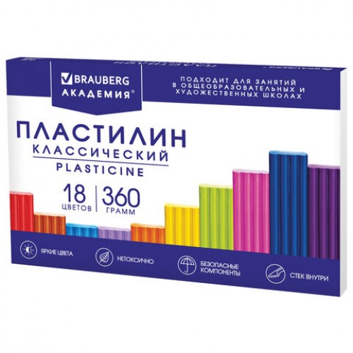 Пластилин классический BRAUBERG АКАДЕМИЯ КЛАССИЧЕСКАЯ, 18 цветов, 360 г, СО СТЕКОМ, 106509