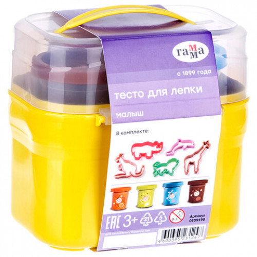 Пластилин на растительной основе (тесто для лепки) ГАММА Малыш. Зоопарк, 4 цвета, 240 г, 5 формочек, 509198