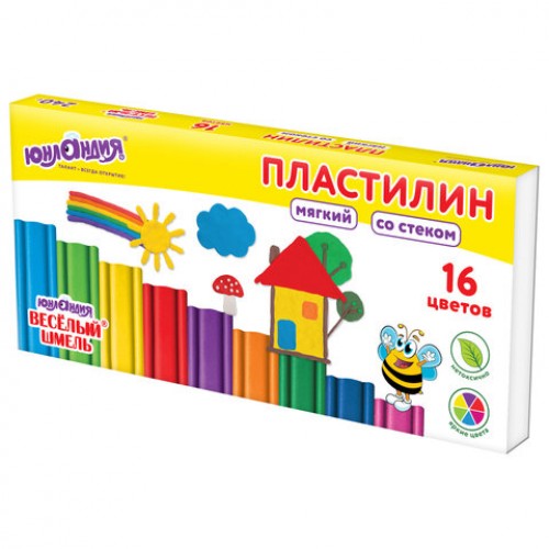 Пластилин мягкий ЮНЛАНДИЯ ВЕСЕЛЫЙ ШМЕЛЬ, 16 цветов, 240 г, СО СТЕКОМ, 106673