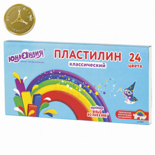 Пластилин классический ЮНЛАНДИЯ ЮНЫЙ ВОЛШЕБНИК, 24 цвета, 480 г, со стеком, ВЫСШЕЕ КАЧЕСТВО, 105902