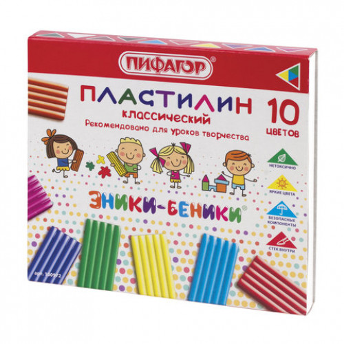 Пластилин классический ПИФАГОР ЭНИКИ-БЕНИКИ, 10 цветов, 200 г, со стеком, картонная упаковка, 100972