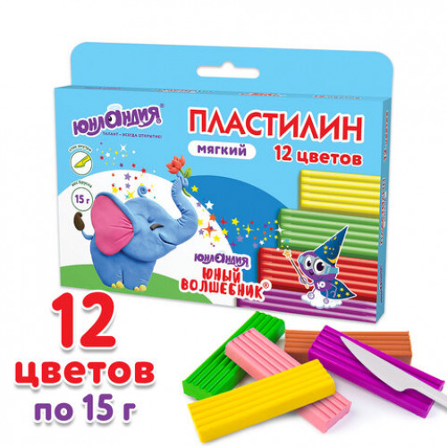 Пластилин мягкий ЮНЛАНДИЯ ЮНЫЙ ВОЛШЕБНИК, 12 цветов 180 г, СО СТЕКОМ, ВЫСШЕЕ КАЧЕСТВО, европодвес, 106439