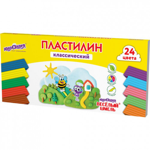 Пластилин классический ЮНЛАНДИЯ ВЕСЁЛЫЙ ШМЕЛЬ, 24 цвета, 480 грамм, стек, ВЫСШЕЕ КАЧЕСТВО, 106433