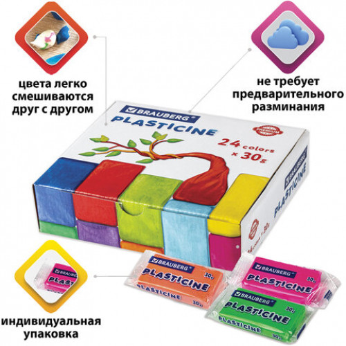 Пластилин классический BRAUBERG PREMIUM, 24 цвета, 720 г, ВЫСШЕЕ КАЧЕСТВО, 105869