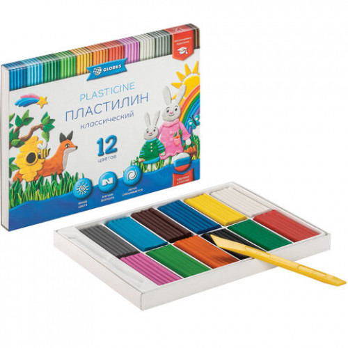 Пластилин классический GLOBUS, 12 цветов, 240 г, ПЛ12-06К