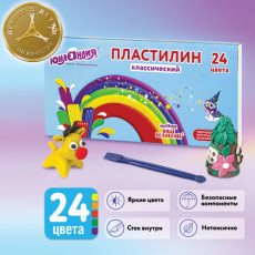 Пластилин классический ЮНЛАНДИЯ ЮНЫЙ ВОЛШЕБНИК, 24 цвета, 480 г, со стеком, ВЫСШЕЕ КАЧЕСТВО, 105902