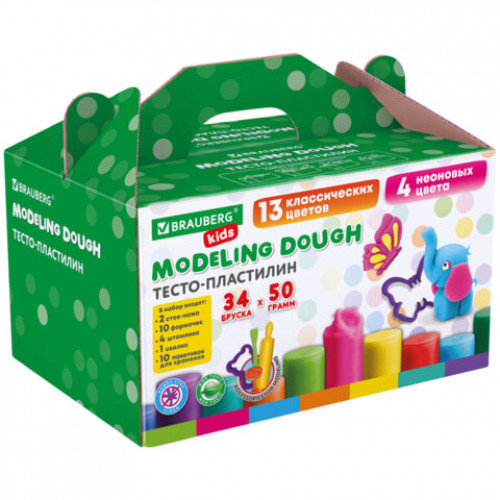 Пластилин-тесто для лепки BRAUBERG KIDS, 34 шт., 1700 г, 2 стека, 10 формочек, 4 штампика, 1 скалка, 10 пакетиков для хранения, 106723