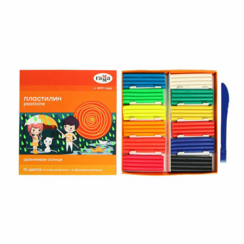 Пластилин классический ГАММА Оранжевое солнце, 12 цветов, 6 классических + 6 флуоресцентных, 168 г, стек, 130520204