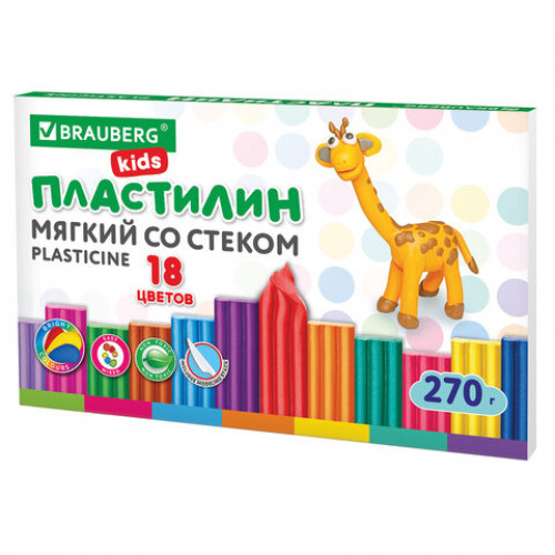 Пластилин мягкий восковой BRAUBERG KIDS, 18 цветов, 270 г, со стеком, 106497