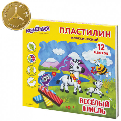 Пластилин классический ЮНЛАНДИЯ ВЕСЕЛЫЙ ШМЕЛЬ, 12 цветов, 180 г, СО СТЕКОМ, 105721