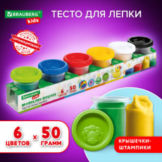Пластилин-тесто для лепки BRAUBERG KIDS, 6 цветов, 300 г, яркие классические цвета, крышки-штампики, 106718 Пластилин-тесто для лепки BRAUBERG KIDS, 6 цветов, 300 г, яркие классические цвета, крышки-штампики, 106718