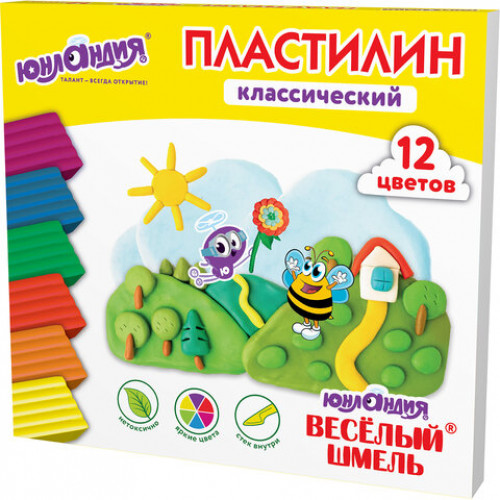 Пластилин классический ЮНЛАНДИЯ ВЕСЁЛЫЙ ШМЕЛЬ, 12 цветов, 240 грамм, стек, ВЫСШЕЕ КАЧЕСТВО, 106431