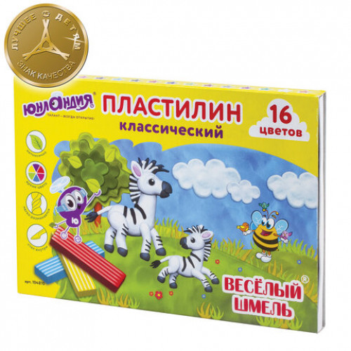 Пластилин классический ЮНЛАНДИЯ ВЕСЁЛЫЙ ШМЕЛЬ, 16 цветов, 240 г, СО СТЕКОМ, 104810