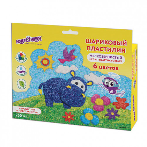 Пластилин шариковый ЮНЛАНДИЯ ЮНЛАНДИК В ЗООПАРКЕ С БЕГЕМОТОМ, 6 цветов по 125 мл, незастывающий,105025