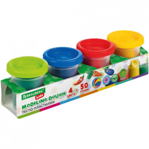 Пластилин-тесто для лепки BRAUBERG KIDS, 4 цвета, 200 г, яркие классические цвета, крышки-штампики, 106714