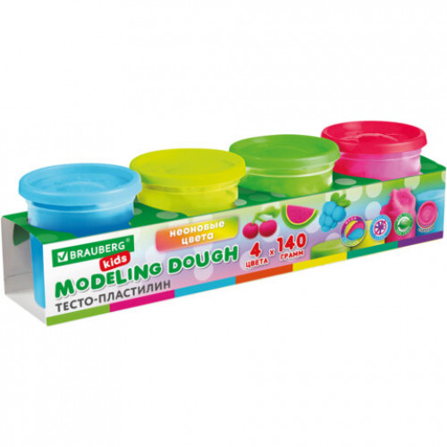 Пластилин-тесто для лепки BRAUBERG KIDS, 4 цвета, 560 г, яркие неоновые цвета, крышки-штампики, 106716
