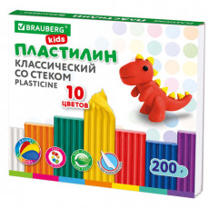 Пластилин классический BRAUBERG KIDS, 10 цветов, 200 г, со стеком, 106504