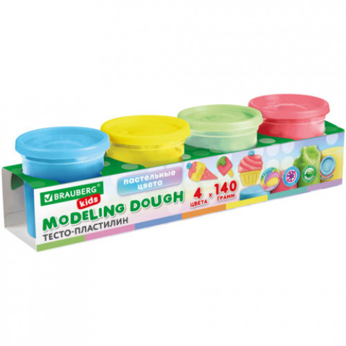 Пластилин-тесто для лепки BRAUBERG KIDS, 4 цвета, 560 г, пастельные цвета, крышки-штампики, 106717