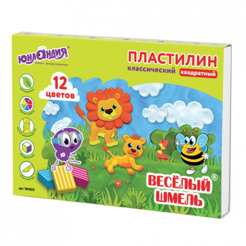 Пластилин классический ЮНЛАНДИЯ ВЕСЁЛЫЙ ШМЕЛЬ, 12 цветов, 204 г, СО СТЕКОМ, КВАДРАТНЫЙ, 104823