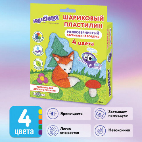 Пластилин шариковый ЮНЛАНДИЯ ЮНЛАНДИК ПО ЛЕСУ ИДЕТ, 4 цвета по 75 мл, застывающий, 105022