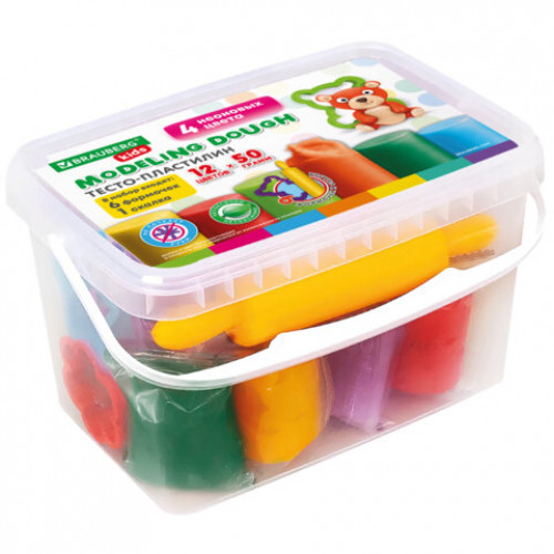Пластилин-тесто для лепки BRAUBERG KIDS, 12 цветов., 600 г, 6 формочек, 1 скалка, ведерко, 106721