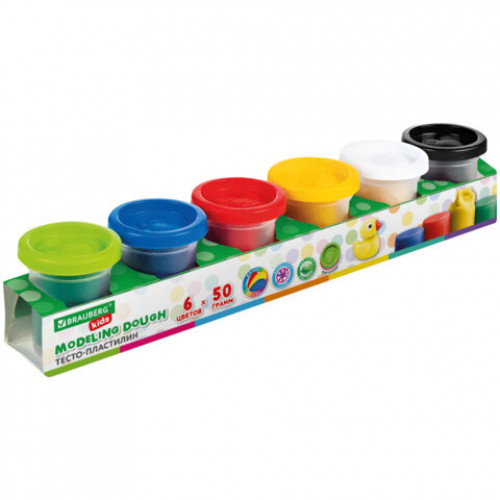 Пластилин-тесто для лепки BRAUBERG KIDS, 6 цветов, 300 г, яркие классические цвета, крышки-штампики, 106718