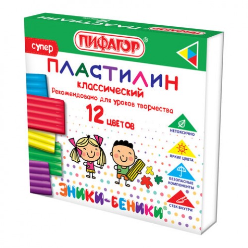 Пластилин классический ПИФАГОР ЭНИКИ-БЕНИКИ СУПЕР, 12 цветов, 120 г, стек, 106505