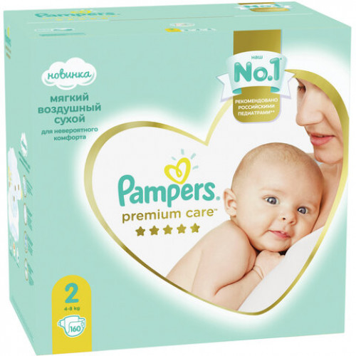 Подгузники, 160 шт., PAMPERS (Памперс) Premium Care New Baby, размер 2 (4-8 кг), 1210797